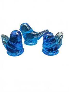 VINTAGE LEO WARD BLUEBIRD OF HAPPINESS ART GLASS FIGURINES SET 3 SIGNED 1990s